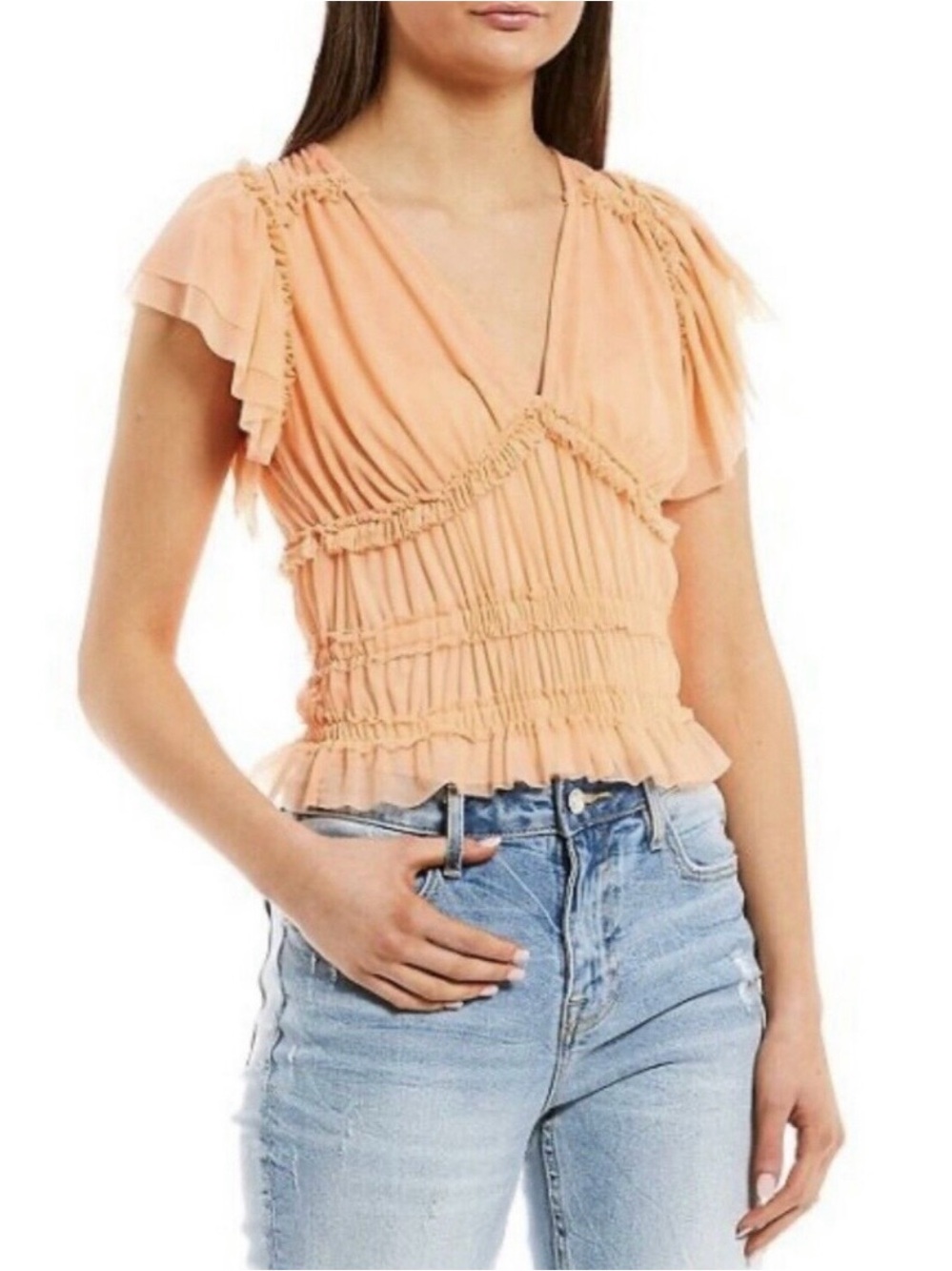 Peach Mm Mm Mm Women's Size
Medium Short Sleeve Ruffle Mesh
Smocked Top